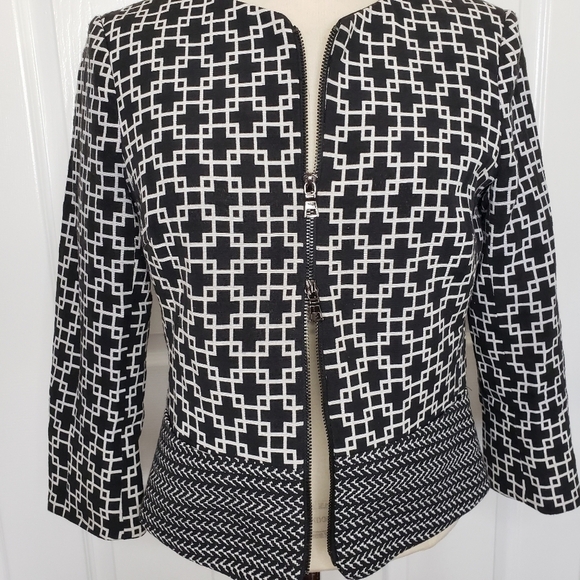 Saks Fifth Avenue Black Label Black White Geometric 2 Way Zip Jacket 4 - Picture 4 of 15